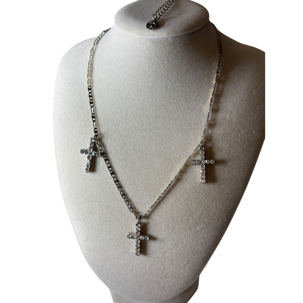 Silver Tone Triple Rhinestone Cross Charm Necklace Adjustable Link Chain